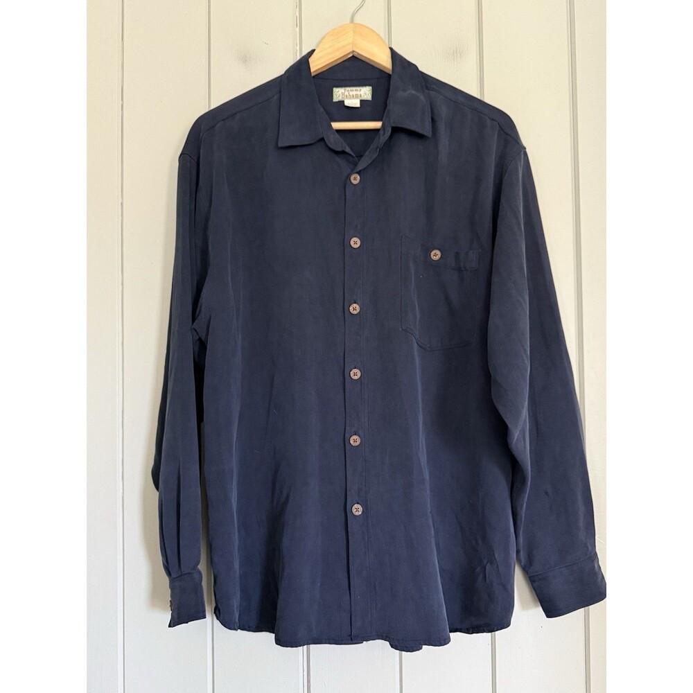 Tommy Bahama Men's 100% Silk Long Sleeve Shirt L Large Navy Blue Pocket